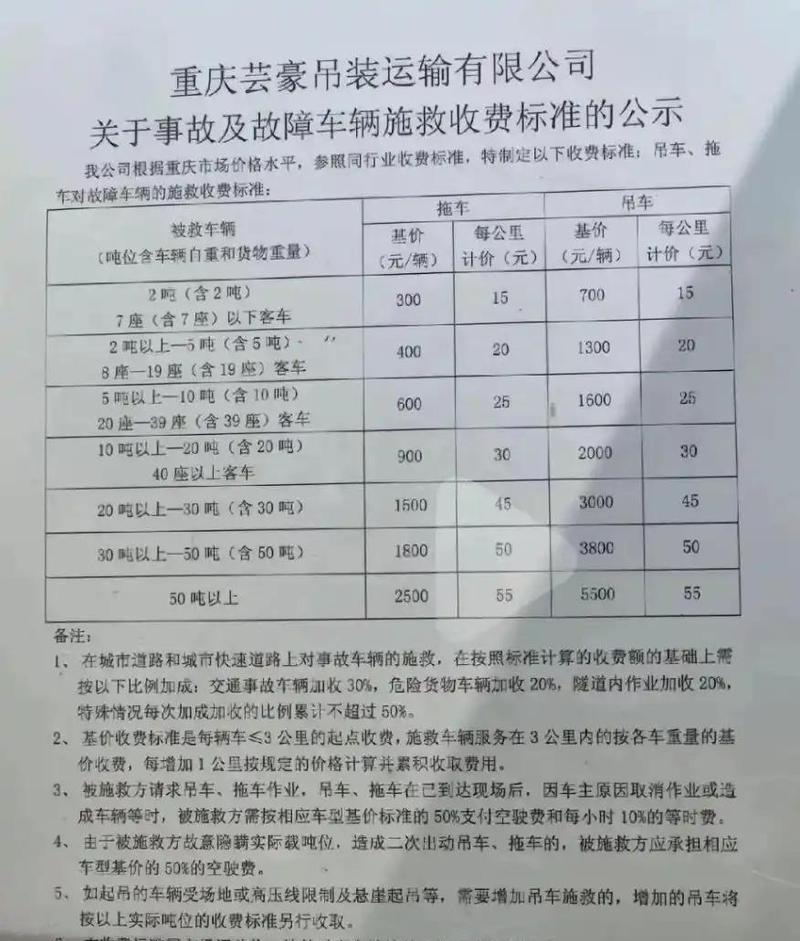 拖车收费标准 事故救援拖车收费标准